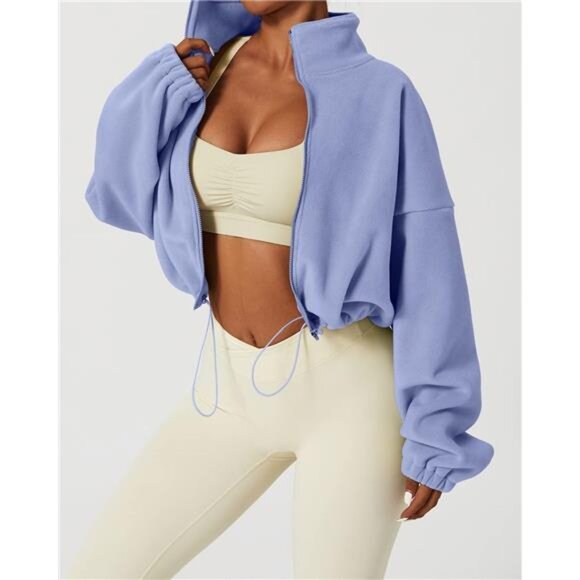 Women's Full Zip Fleece Short Jacket Warm Winter Long Sleeve Stand